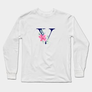 Watercolor Floral Letter V in Navy Long Sleeve T-Shirt